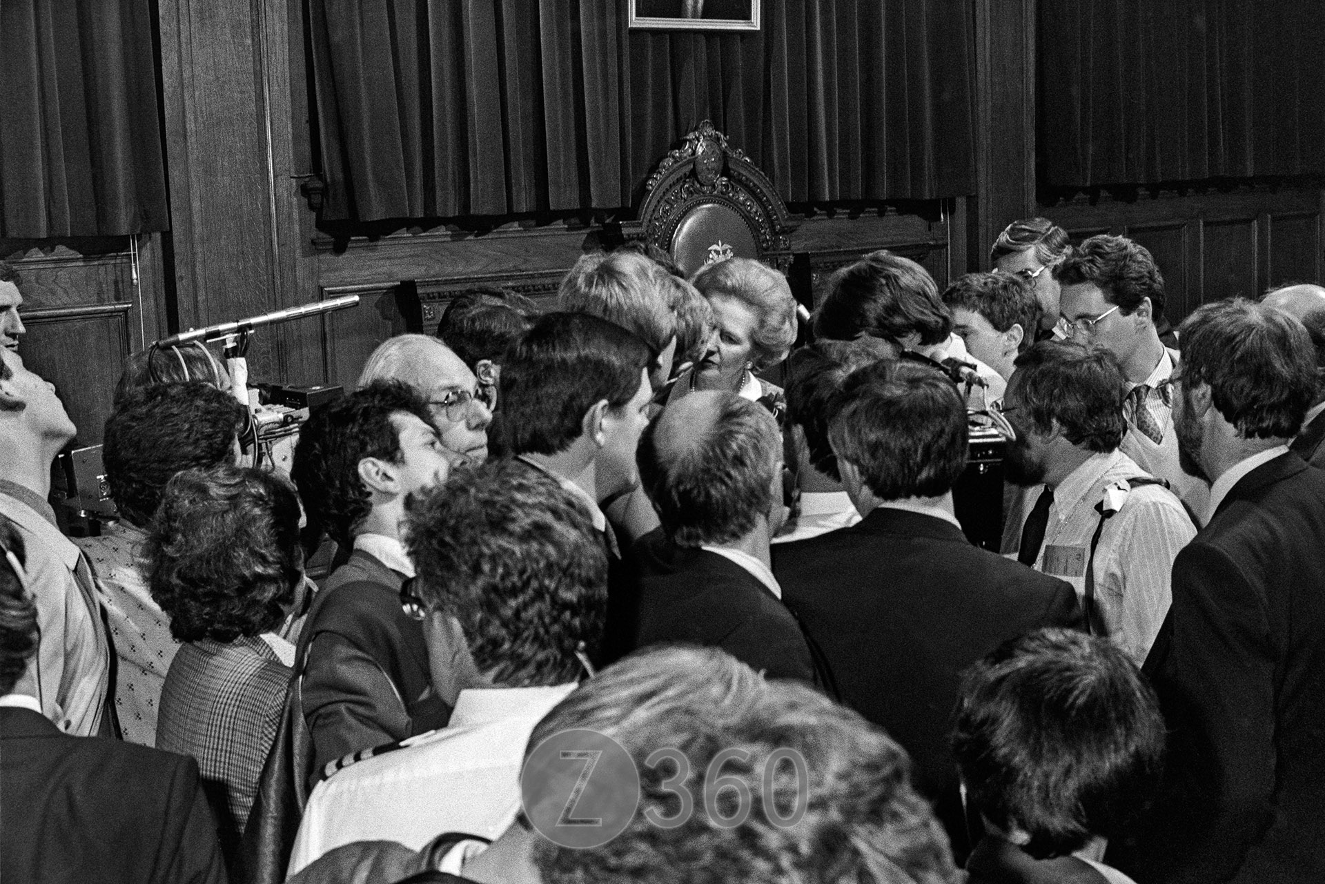 Margaret Thatcher mobbed by the Press